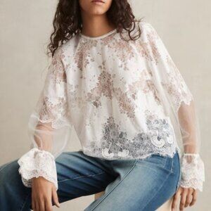 REISS ! Emilia Lace Flared-Cuff Blouse in Ivory ( US/6)